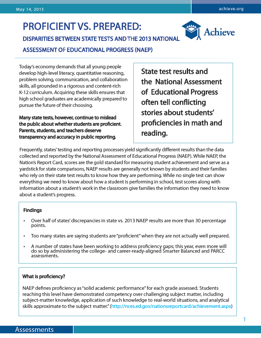 Cover of Proficient vs. Prepared: Disparities Between State Tests and the 2013 National Assessment of Educational Progress (NAEP)